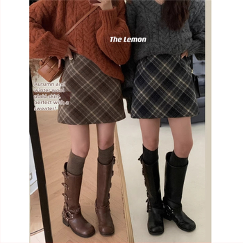 Koreai stílusú retró kockás, magas derekú, karcsúsító gyapjúszoknya őszi és téli, sokoldalú, kis A-vonalú női szoknya