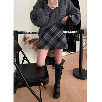 Κορεάτικη ρετρό καρό φούστα με ψηλή μέση και αδυνάτισμα από μάλλινη μπορντούρα, φθινοπωρινή και χειμωνιάτικη, ευέλικτη, μικρή φούστα σε γραμμή Α για γυναίκες.