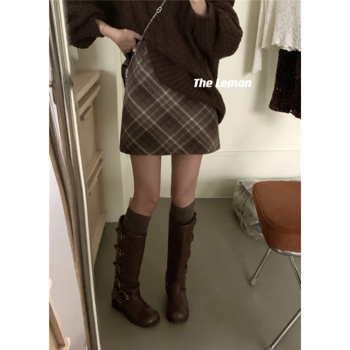 Koreai stílusú retró kockás, magas derekú, karcsúsító gyapjúszoknya őszi és téli, sokoldalú, kis A-vonalú női szoknya