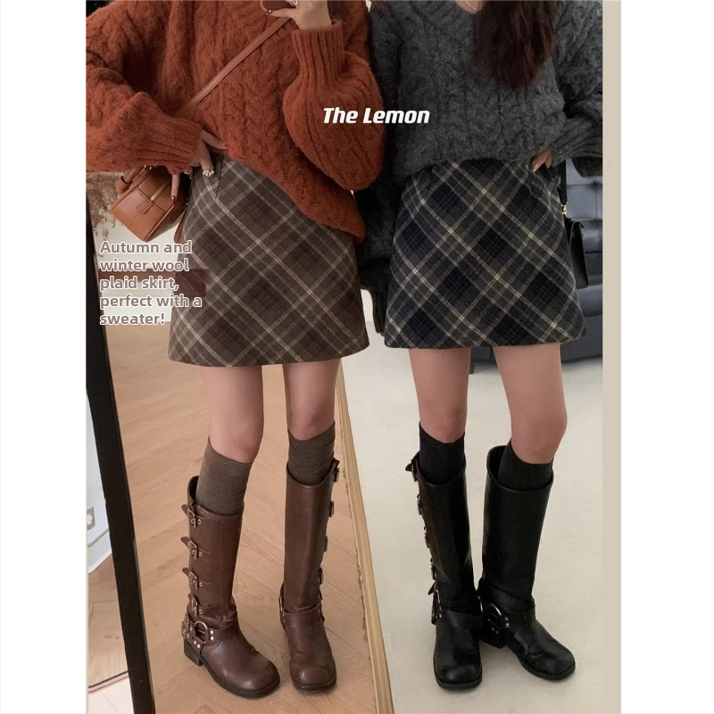 Koreai stílusú retró kockás, magas derekú, karcsúsító gyapjúszoknya őszi és téli, sokoldalú, kis A-vonalú női szoknya