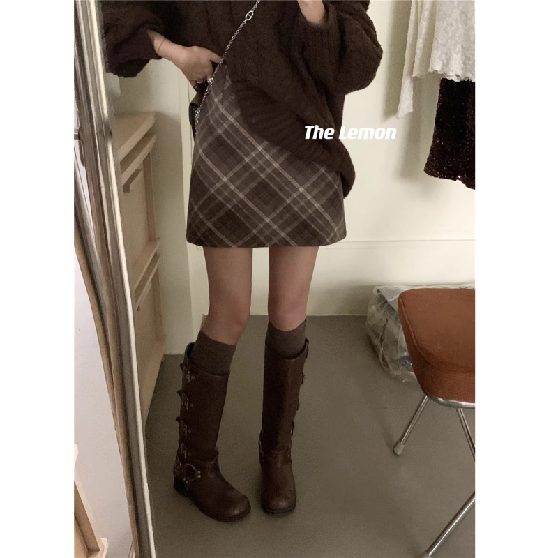 Koreai stílusú retró kockás, magas derekú, karcsúsító gyapjúszoknya őszi és téli, sokoldalú, kis A-vonalú női szoknya