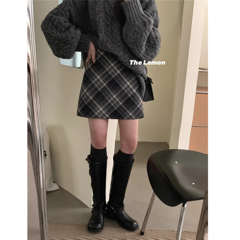 Koreai stílusú retró kockás, magas derekú, karcsúsító gyapjúszoknya őszi és téli, sokoldalú, kis A-vonalú női szoknya