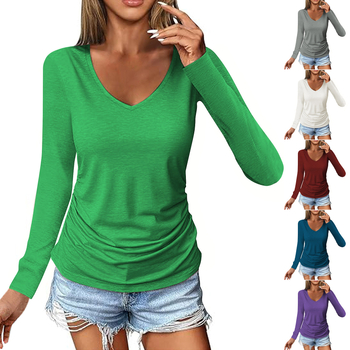 Γυναικείο μπλουζάκι Amazon Aliexpress με μακριά μανίκια και λαιμόκοψη V για γυναίκες, με πτυχωτό σχέδιο και λεπτότερα στοιχεία που μπλοκάρουν τα χρώματα.