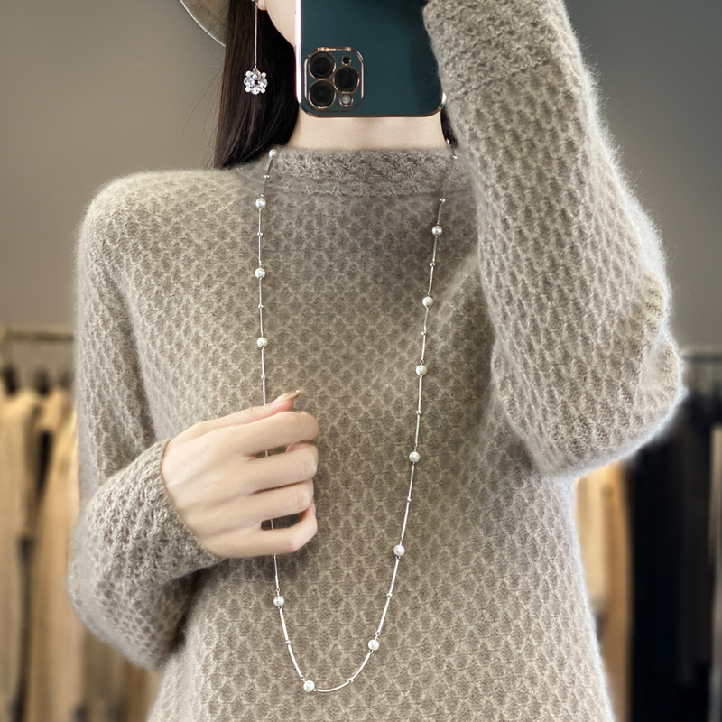 Pulover din lână pură 100% cu guler semi-înalt din fagure de miere pentru industrie grea, pulover tricotat cu mânecă lungă, lejer, cămașă de bază all-match