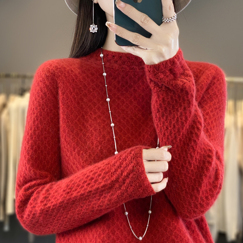 Pulover din lână pură 100% cu guler semi-înalt din fagure de miere pentru industrie grea, pulover tricotat cu mânecă lungă, lejer, cămașă de bază all-match