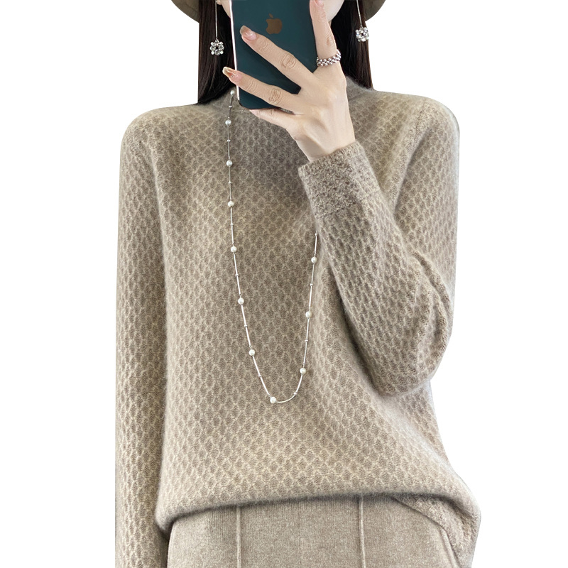 Pulover din lână pură 100% cu guler semi-înalt din fagure de miere pentru industrie grea, pulover tricotat cu mânecă lungă, lejer, cămașă de bază all-match