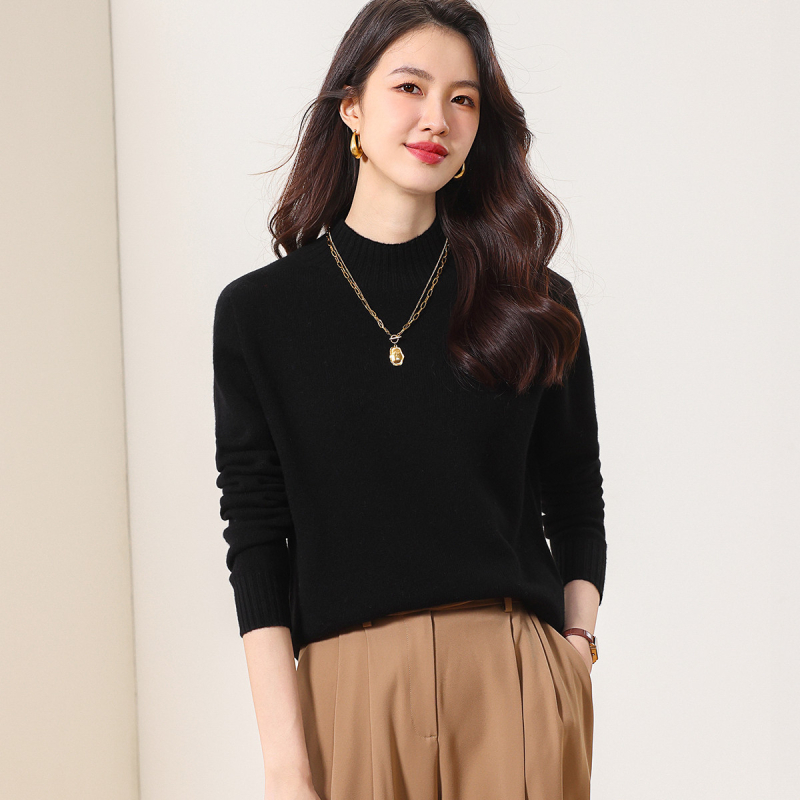 Vientisas pirmos eilės drabužis ~ pusaukštis apvalus kaklo kašmyro megztinis, moteriškas rudens ir žiemos naujas, prigludęs megztinis su vilnoniu pagrindu