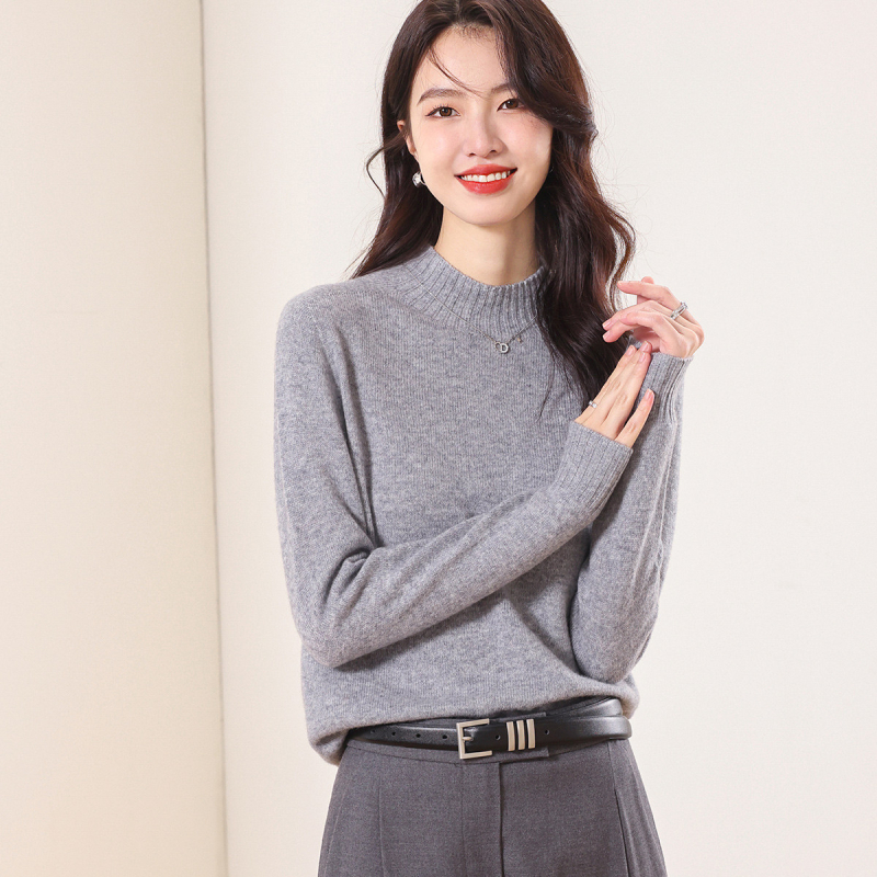 Vientisas pirmos eilės drabužis ~ pusaukštis apvalus kaklo kašmyro megztinis, moteriškas rudens ir žiemos naujas, prigludęs megztinis su vilnoniu pagrindu