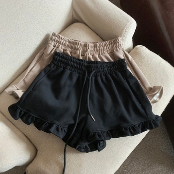 Európai és amerikai stílusú varrás, fa fülbevaló szélű, egyszínű, sport, hétköznapi rövidnadrág, női nyári, magas derekú, laza, külső viselet, zsebes, széles szárú nadrág