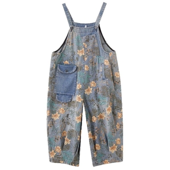 Πραγματική λήψη σε απόθεμα Άνοιξη και καλοκαίρι 2025 Νέα φαρδιά τζιν με καλλιτεχνικό ρετρό τυπωμένο κοντό τελείωμα Harlan τιράντες για γυναίκες σε μεγάλα μεγέθη