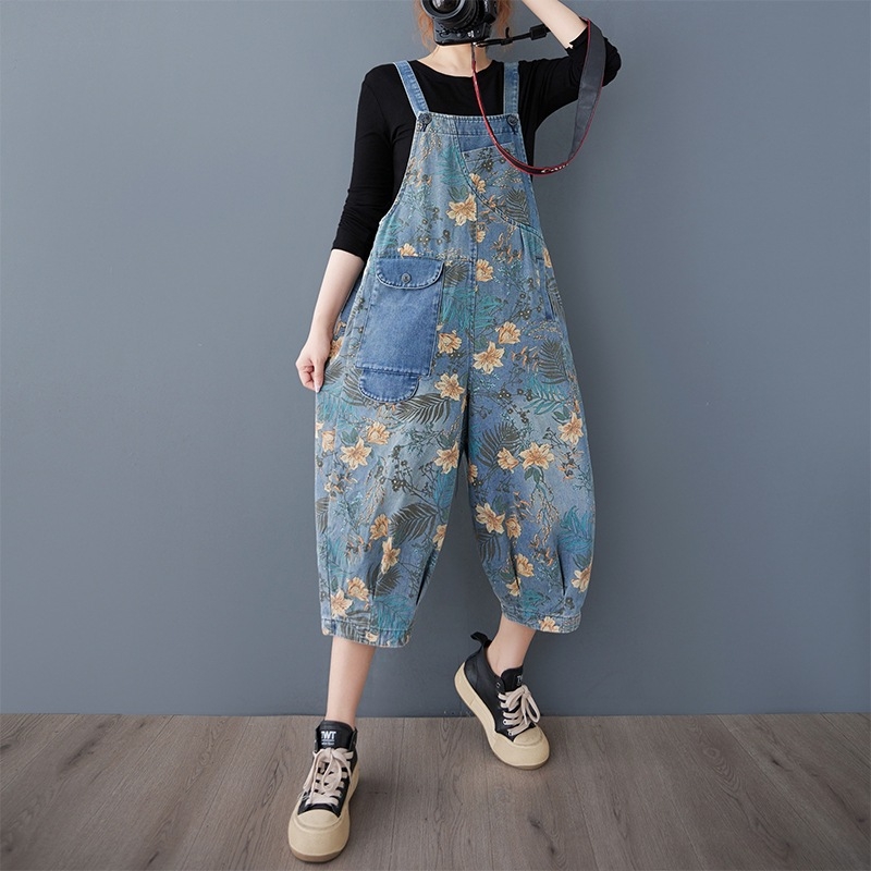 Real Shot raktáron 2025 Tavasz és Nyár Új plus size laza farmer művészi retró mintás rövidített Harlan nadrágtartó nőknek