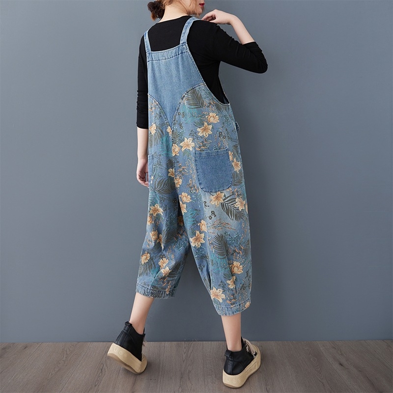 Real Shot raktáron 2025 Tavasz és Nyár Új plus size laza farmer művészi retró mintás rövidített Harlan nadrágtartó nőknek