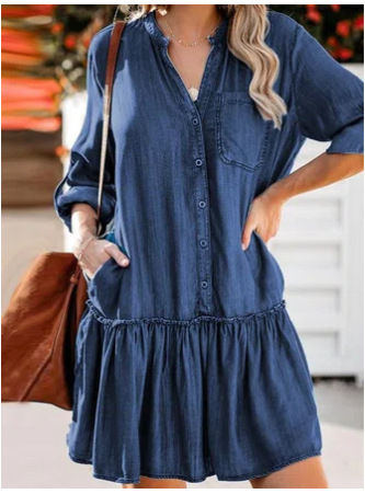 Független oldal, Amazon Aliexpress, népszerű európai és amerikai új, V-nyakú, laza mellű, farmerből készült, középhosszú szoknya.