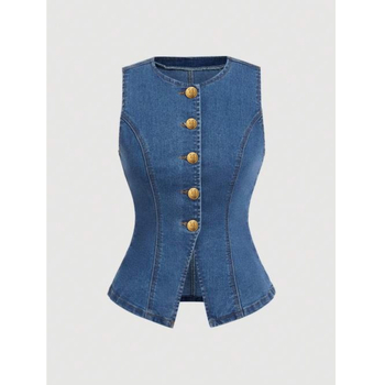 Γυναικεία αμάνικα τζιν τοπ με χρυσό κουμπιά, επαγγελματική, casual, γυναικεία ρούχα 2025, νέα, διασυνοριακή