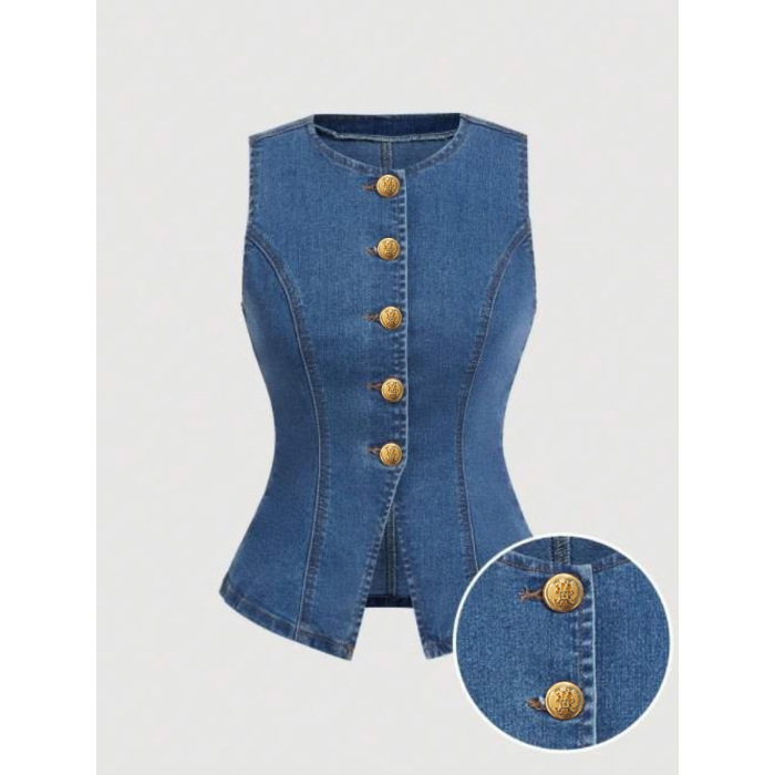 Női ujjatlan farmer felsők, arany gombos, üzleti, hétköznapi, női ruházat, 2025-ös új, határokon átnyúló megjelenés