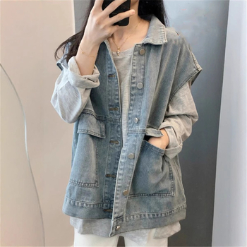 Enyhén duci farmermellény Női tavaszi-nyári plus size Chubby Sister laza karcsúsító külső viselet ujjatlan vállpántos kabát