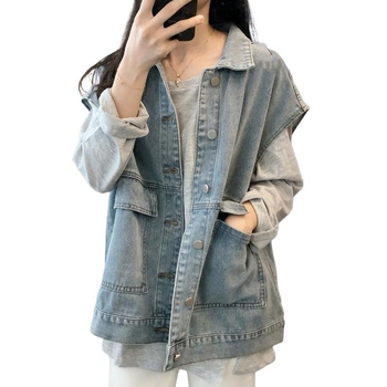 Enyhén duci farmermellény Női tavaszi-nyári plus size Chubby Sister laza karcsúsító külső viselet ujjatlan vállpántos kabát