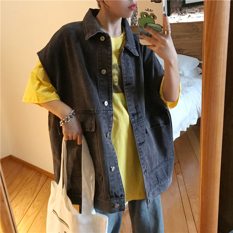 Enyhén duci farmermellény Női tavaszi-nyári plus size Chubby Sister laza karcsúsító külső viselet ujjatlan vállpántos kabát