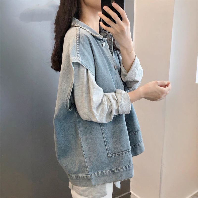 Enyhén duci farmermellény Női tavaszi-nyári plus size Chubby Sister laza karcsúsító külső viselet ujjatlan vállpántos kabát