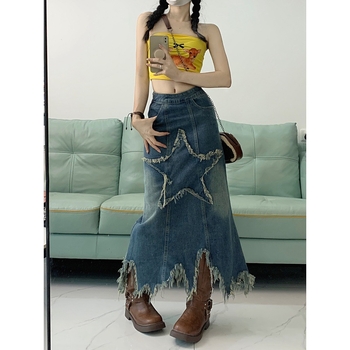 2023 Új Stílusú Mosott Farmer Szoknya Női Nyári Új Stílusú Ötágú Csillagfoltos Alacsony Derekú Közepes Hosszú Szoknya Spice Girl