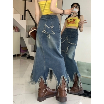 2023 Új Stílusú Mosott Farmer Szoknya Női Nyári Új Stílusú Ötágú Csillagfoltos Alacsony Derekú Közepes Hosszú Szoknya Spice Girl