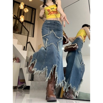 2023 Új Stílusú Mosott Farmer Szoknya Női Nyári Új Stílusú Ötágú Csillagfoltos Alacsony Derekú Közepes Hosszú Szoknya Spice Girl