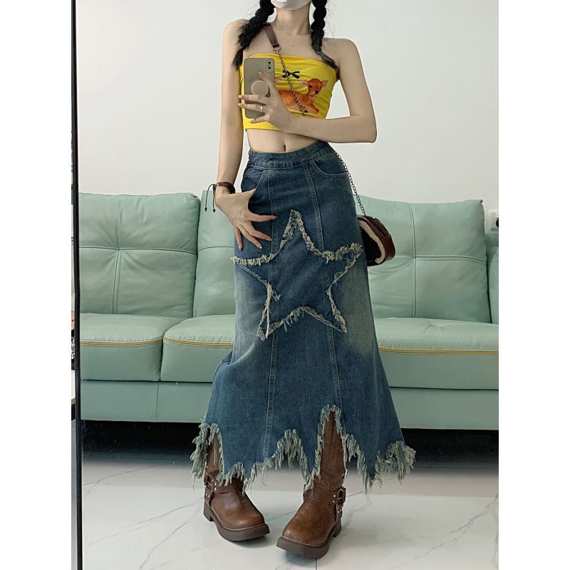 2023 Új Stílusú Mosott Farmer Szoknya Női Nyári Új Stílusú Ötágú Csillagfoltos Alacsony Derekú Közepes Hosszú Szoknya Spice Girl