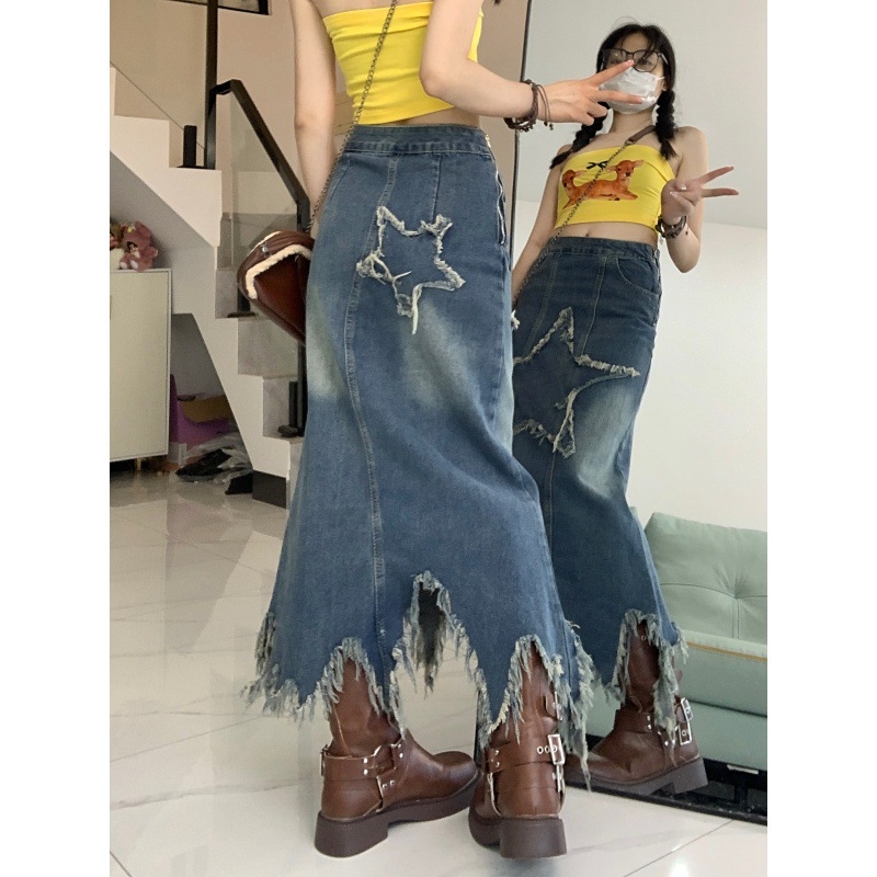 2023 Új Stílusú Mosott Farmer Szoknya Női Nyári Új Stílusú Ötágú Csillagfoltos Alacsony Derekú Közepes Hosszú Szoknya Spice Girl