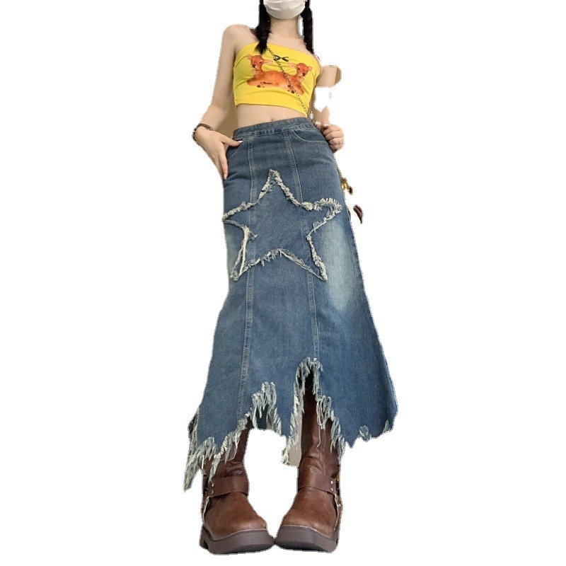 2023 Új Stílusú Mosott Farmer Szoknya Női Nyári Új Stílusú Ötágú Csillagfoltos Alacsony Derekú Közepes Hosszú Szoknya Spice Girl