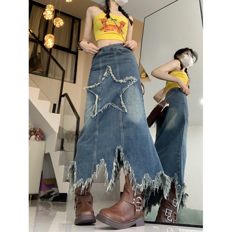 2023 Új Stílusú Mosott Farmer Szoknya Női Nyári Új Stílusú Ötágú Csillagfoltos Alacsony Derekú Közepes Hosszú Szoknya Spice Girl