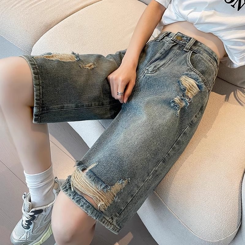 Cementszürke farmernadrág nőknek 2025 tavasz és nyár új magas derekú karcsúsító megjelenésű A-vonalú, 5 pontos szaggatott egyenes szabású nadrág