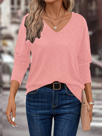 Női egyszínű V-nyakú hosszú ujjú lezser póló