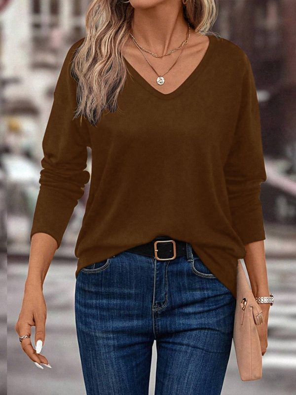 Női egyszínű V-nyakú hosszú ujjú lezser póló