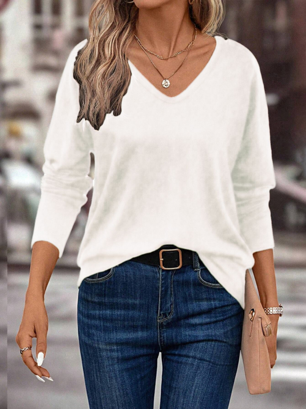 Női egyszínű V-nyakú hosszú ujjú lezser póló