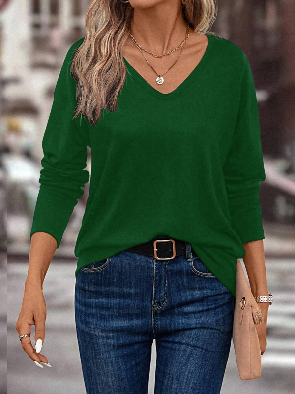 Női egyszínű V-nyakú hosszú ujjú lezser póló