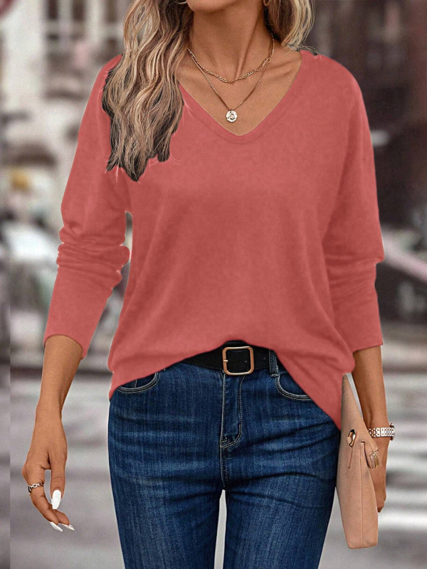 Női egyszínű V-nyakú hosszú ujjú lezser póló