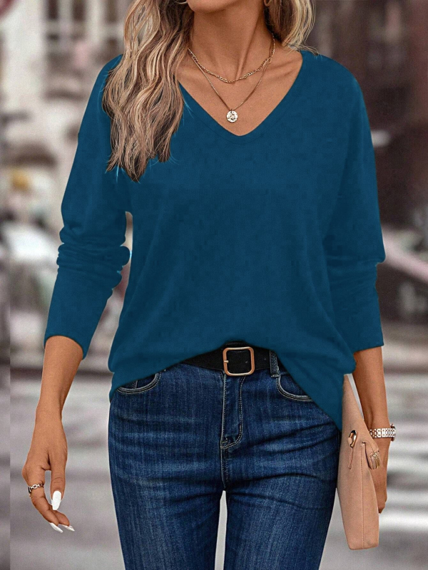 Női egyszínű V-nyakú hosszú ujjú lezser póló