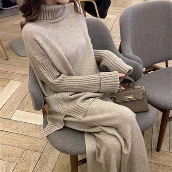 Φθινοπωρινό και Χειμερινό Πουλόβερ με ζιβάγκο και σκίσιμο, Πουλόβερ σε Κορεάτικο Στυλ, Παντελόνι με φαρδιά μπατζάκια, Σετ δύο τεμαχίων, Χαλαρό Πλεκτό Κοστούμι