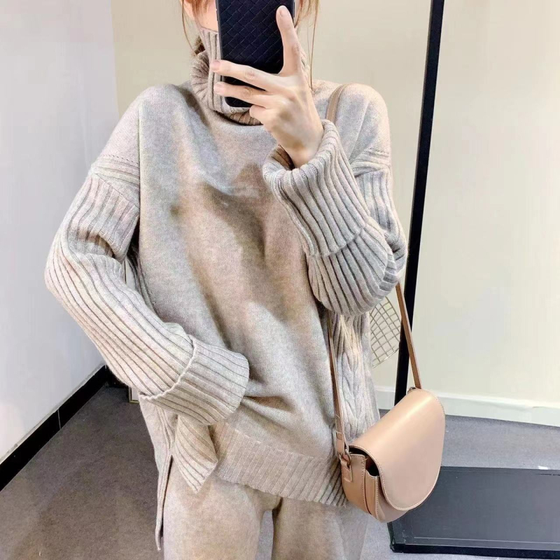 Rudens ir žiemos golfas su perpjauta apykakle, prailgintas megztinis su plačiomis kelnėmis, dviejų dalių komplektas, laisvas megztas kostiumas