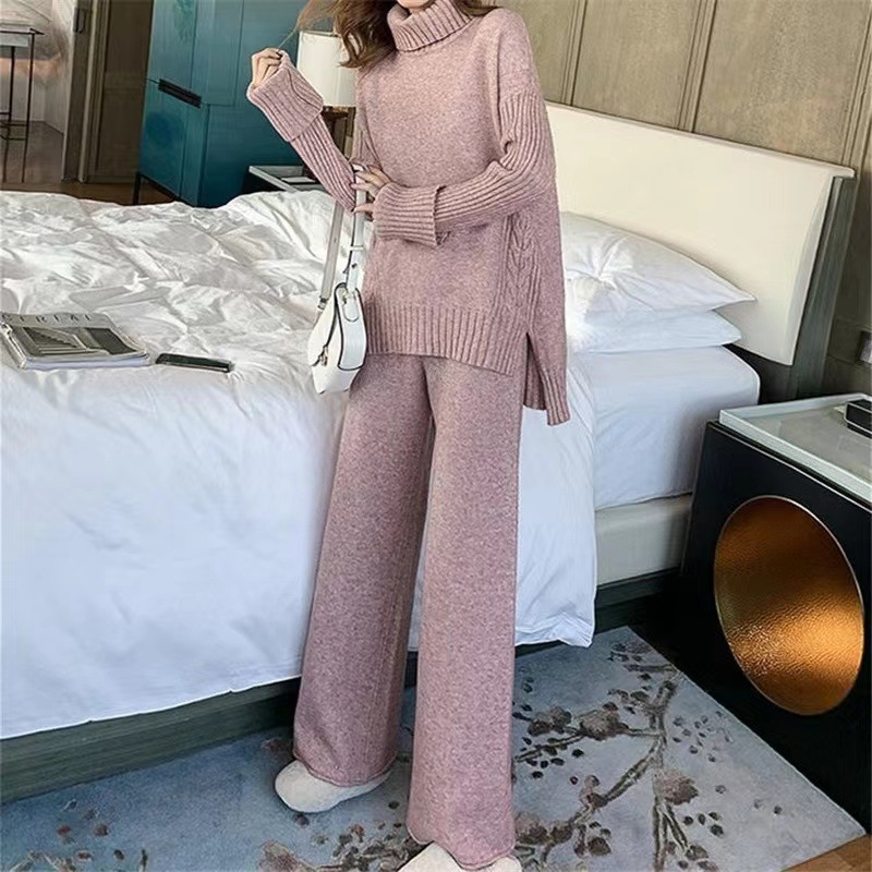 Rudens ir žiemos golfas su perpjauta apykakle, prailgintas megztinis su plačiomis kelnėmis, dviejų dalių komplektas, laisvas megztas kostiumas