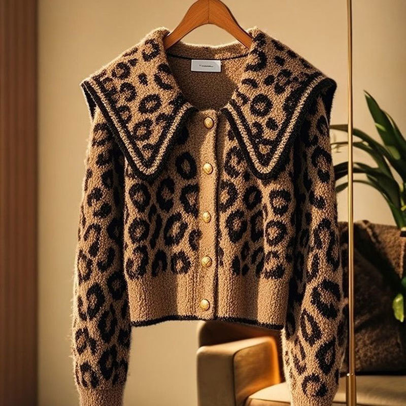 Őszi és téli retró leopárdmintás vastagított pulóver kötött dzseki 2025 Lusta és sokoldalú, öregedésgátló sötétkék gallérral ellátott puha kardigán felső