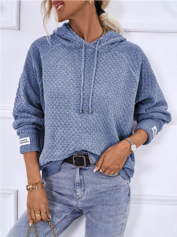 2025-ös határokon átnyúló Amazon őszi és téli új, bő, kapucnis, kötött pulóver, foltos, tiszta színű pulóver