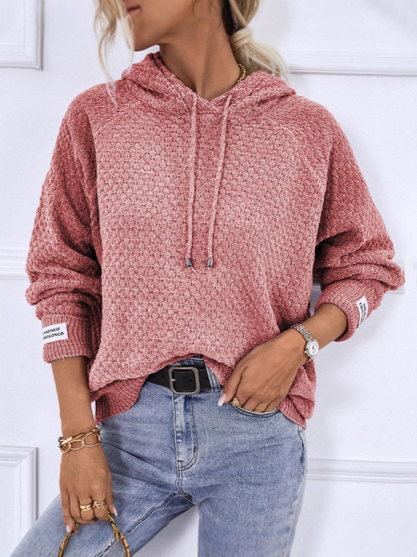 2025-ös határokon átnyúló Amazon őszi és téli új, bő, kapucnis, kötött pulóver, foltos, tiszta színű pulóver