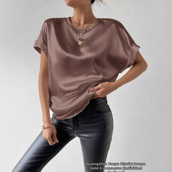 2025 m. „Amazon Temu Cross-border“ moteriški europietiški ir amerikietiški „Gladies'“ ploni viršutiniai marškinėliai su vienspalviais, be sagų, trumpomis rankovėmis.