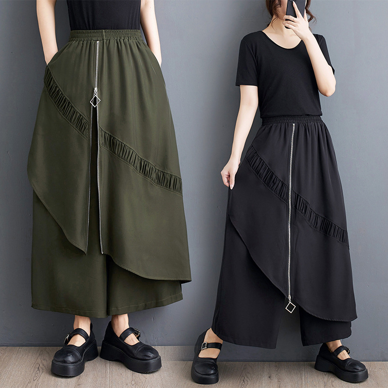 Valódi 2024-es nyári ruha, új hongkongi stílusú, niche széles szárú nadrág, személyre szabott cipzáras varrással, divatos, minden mérkőzésre alkalmas, egyszínű nadrág
