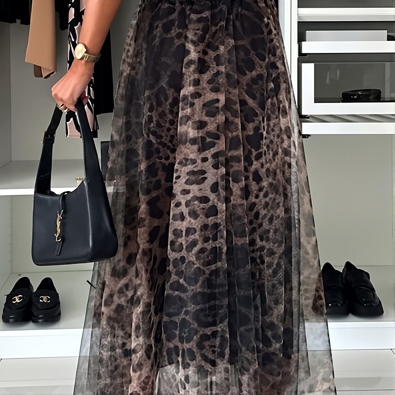 Elegáns leopárdmintás szoknya, nyári, új, könnyű luxus, magas derekú, csípőt takaró, laza és elegáns tüll, A-vonalú hosszú szoknya nőknek