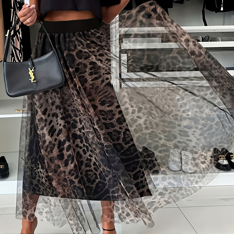 Elegáns leopárdmintás szoknya, nyári, új, könnyű luxus, magas derekú, csípőt takaró, laza és elegáns tüll, A-vonalú hosszú szoknya nőknek