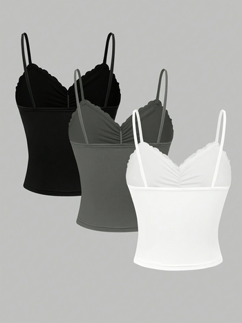 Σετ 3 τεμαχίων γυναικείου μονόχρωμου τοπ με δαντέλα και τιράντες, σε διασυνοριακή μόδα για γυναίκες του 2025