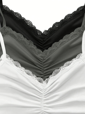 Σετ 3 τεμαχίων γυναικείου μονόχρωμου τοπ με δαντέλα και τιράντες, σε διασυνοριακή μόδα για γυναίκες του 2025