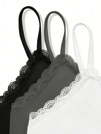 Σετ 3 τεμαχίων γυναικείου μονόχρωμου τοπ με δαντέλα και τιράντες, σε διασυνοριακή μόδα για γυναίκες του 2025